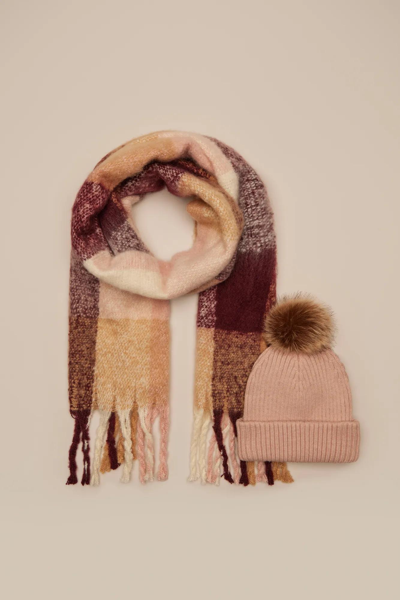 Lucky Brand Cream and Burgundy Scarf and Beanie Pom Pom Hat Set Lucky Brand Women main image 4