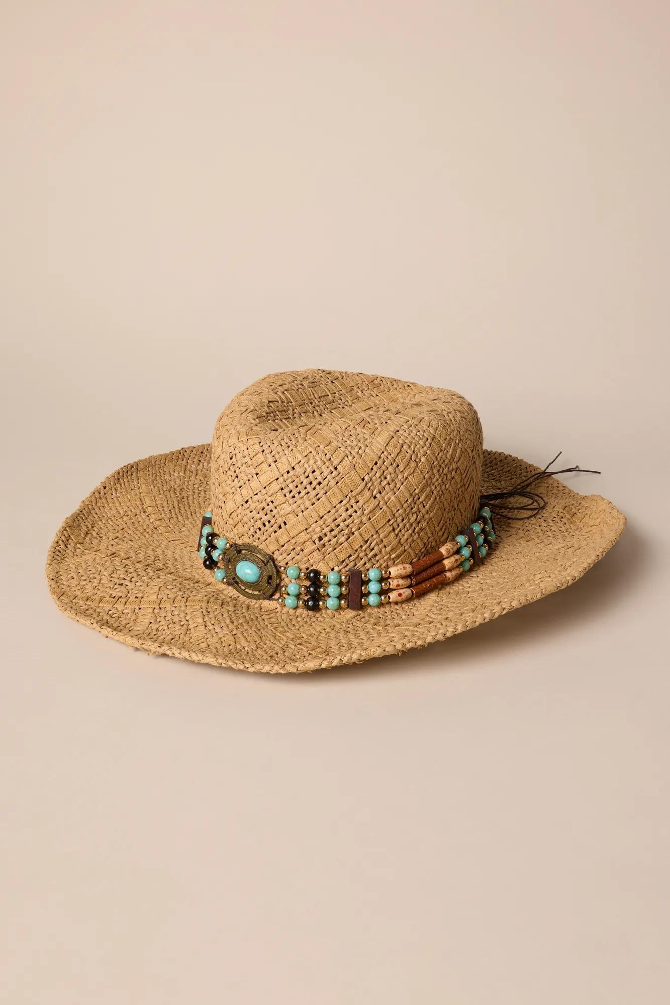 Elegant Tan Straw Look Hand Crafted Artisan Hat with Turquoise Details Brown Straw Cowboy Hat – Western Style with Turquoise  main image 3