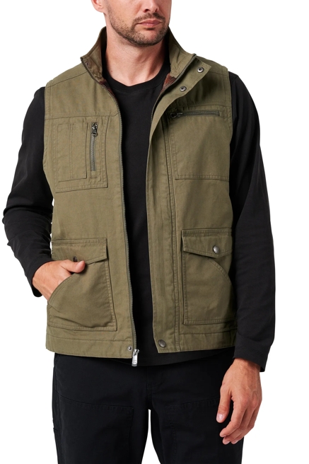 ZIP CANVAS VEST W/ PLAID FLANNEL LINING, image 1