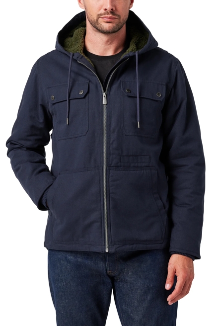 ZIP HOODED CANVAS CHORE COAT W/ SHERPA LINING, image 1