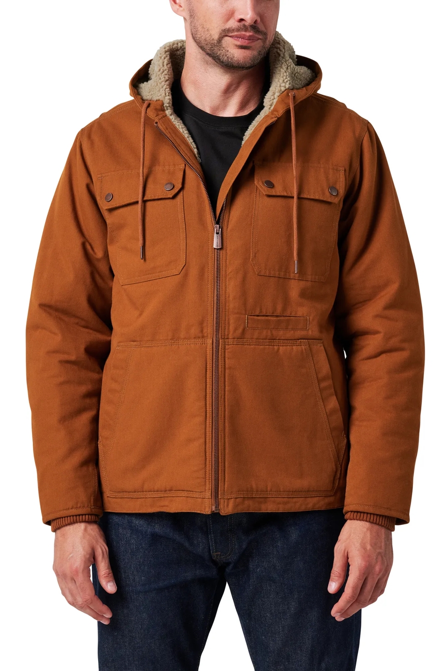 ZIP HOODED CANVAS CHORE COAT W/ SHERPA LINING, image 1