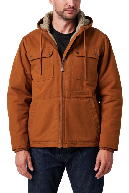 ZIP HOODED CANVAS CHORE COAT W/ SHERPA LINING, image 1