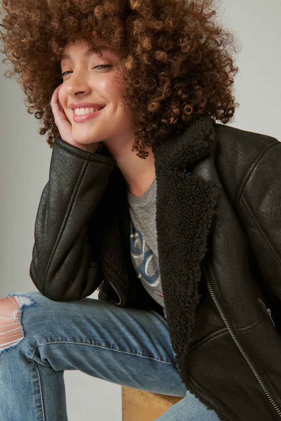 Suede Faux Shearling Moto Jacket, image 5