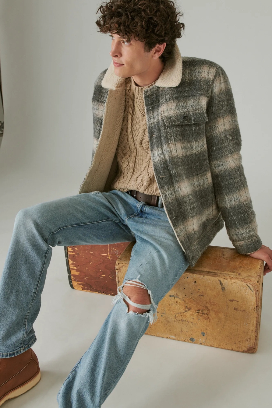 PLAID FAUX SHEARLING LINED TRUCKER JACKET, image 1