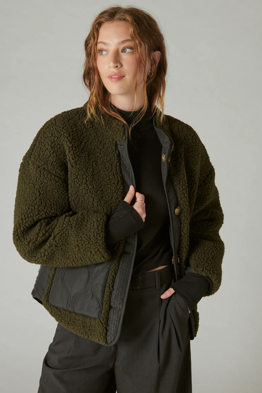 REVERSIBLE MIXED MEDIA FAUX SHEARLING JACKET, image 1